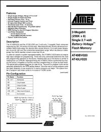 AT49LV020-70JC datasheet: 2-Megabit (256K x 8) single 2.7-volt battery-voltage flash memory, 25mA active, 0.05mA standby AT49LV020-70JC