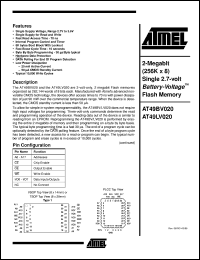 AT49LV020-90JC datasheet: 2-Megabit (256K x 8) single 2.7-volt battery-voltage flash memory, 25mA active, 0.05mA standby AT49LV020-90JC