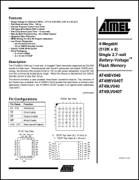 AT49BV040T-15JC datasheet: 2-Megabit (512K x 8) single 2.7-volt battery-voltage flash memory, 25mA active, 0.05mA standby AT49BV040T-15JC