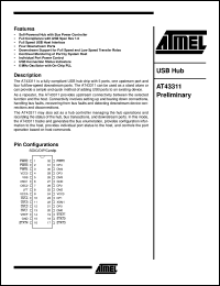 AT43311 datasheet: USB hub, 6.6V max operating voltage, 16mA DC output current AT43311