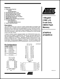 AT49HF010-70PI datasheet: 1-Megabit (128K x 8) 5-volt only CMOS flash memory, 40mA active, 0.3mA standby AT49HF010-70PI