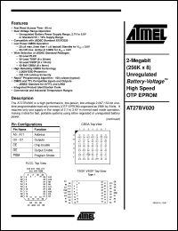 AT27BV020-90VC datasheet: 2-Megabit (256K x 8) unregulated Battery-Voltage high speed OTP EPROM, 8mA active, 0.02mA standby, 3.6V AT27BV020-90VC