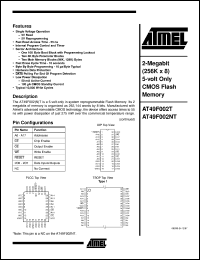 AT49F002T-55JC datasheet: 2-Megabit(256K x 8) 5-volt only CMOS flash memory, 50mA active, 0.1mA standby AT49F002T-55JC