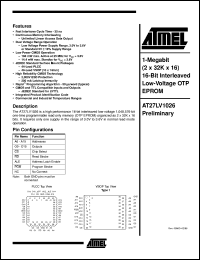 AT27LV1026-45JC datasheet: 1-Megabit (2 x 32K x 16) 16-bit interleaved lov-voltage OTP EPROM, 30mA active, 0.1mA standby AT27LV1026-45JC