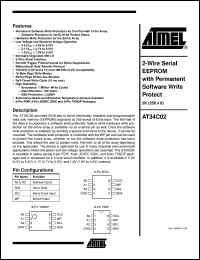 AT34C02-10PI datasheet: 2-Wire serial EEPROM with permanent software write protect 2K(256 x 8), 400kHz, 4.5V to 5.5V AT34C02-10PI