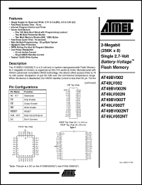 AT49BV002-90TC datasheet: 2-Megabit (256K x 8) single 2.7-volt Battery-Voltage flash memory, 50mA active, 0.1mA standby AT49BV002-90TC