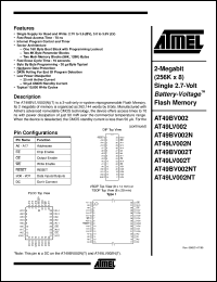 AT49LV002-70JC datasheet: 2-Megabit (256K x 8) single 2.7-volt Battery-Voltage flash memory, 50mA active, 0.1mA standby AT49LV002-70JC