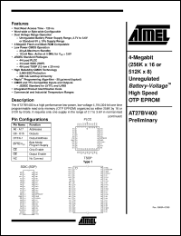 AT27BV400-12RC datasheet: 4-Megabit (256K x 16 or 512K x 8) unregulated Battery-Volotage high speed OTP EPROM 10mA active, 0.02mA standby AT27BV400-12RC