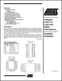 AT49F040-70JC datasheet: 4-Megabit (512K x 8) 50-volt only CMOS flash memory, 50mA active, 0.1mA standby AT49F040-70JC