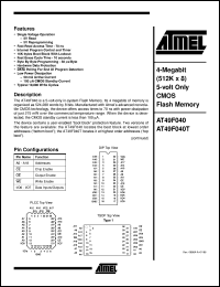 AT49F040-70JI datasheet: 4-Megabit (512K x 8) 5-volt only CMOS flash memory, 50mA active, 0.3mA standby AT49F040-70JI