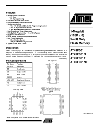 AT49F001-55JC datasheet: 1-Megabit (128K x 8) 5-volt only flash memory, 50mA active, 0.1mA standby AT49F001-55JC