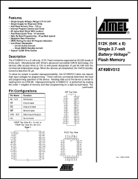 AT49BV512-12TI datasheet: 512K (64K x 8) single 2.7-volt Battery-Voltage flash memory, 25mA active, 0.05mA standby AT49BV512-12TI