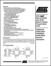 AT90S4434-8JI datasheet: 8-Bit microcontroller with 4K bytes in-system programmable flash, 4.0-6.0V pover supply, 8MHz speed AT90S4434-8JI