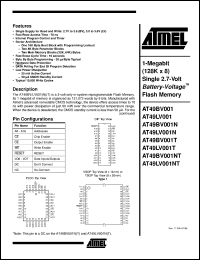 AT49BV001-12TI datasheet: 1-Megabit (128K x 8) single 2.7-volt Battery-Voltage flash memory, 50 mA active, 0.3mA standby, 2.7V to 3.6V AT49BV001-12TI