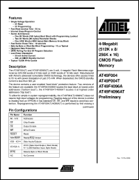 AT49F004T-55TC datasheet: 4-Megabit (512K x 8) CMOS flash memory, 50mA active, 0.3mA standby AT49F004T-55TC