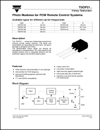 TSOP2138 datasheet: Photo module for PCM remote control systems, 38kHz TSOP2138