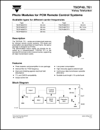 TSOP4837TE1 datasheet: Photo module for PCM remote control systems, 36.7kHz TSOP4837TE1