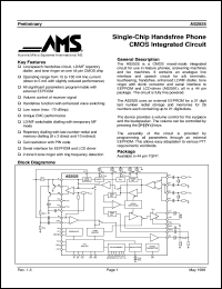 AS2525 datasheet: Single-chip handsfree phone CMOS integrated circuit AS2525