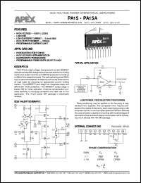 PA15A datasheet: High voltage power operational amplifier PA15A