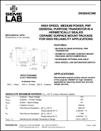 2N2894CSM datasheet: 12V Vce, 0.2A Ic, 400MHz PNP bipolar transistor 2N2894CSM