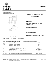 2N2904 datasheet: 40V Vce, 0.6A Ic, 200MHz PNP bipolar transistor 2N2904