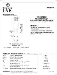 2N2907A datasheet: 60V Vce, 0.6A Ic, 200MHz PNP bipolar transistor 2N2907A