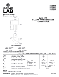 2N2917 datasheet: 45V Vce, 0.03A Ic, 60MHz NPN bipolar transistor 2N2917
