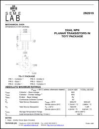 2N2919 datasheet: 60V Vce, 0.03A Ic, 60MHz NPN bipolar transistor 2N2919