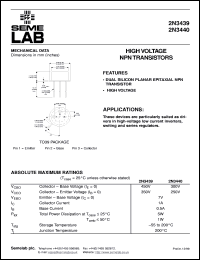 2N3440 datasheet: 250V Vce, 1A Ic, 15MHz NPN bipolar transistor 2N3440