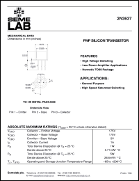 2N3637 datasheet: 175V Vce, 1A Ic PNP bipolar transistor 2N3637