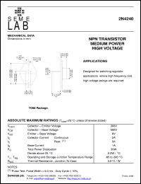 2N4240 datasheet: 300V Vce, 5A Ic, 15MHz NPN bipolar transistor 2N4240