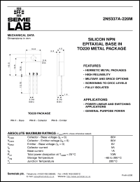 2N5337A-220M datasheet: 80V Vce, 5A Ic, 30MHz NPN bipolar transistor 2N5337A-220M