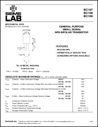 BC109 datasheet: 20V Vce, 0.1A Ic, 150MHz NPN bipolar transistor BC109