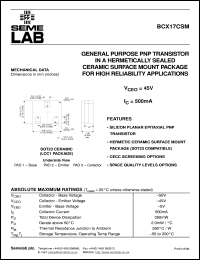 BCX17CSM datasheet: 45V Vce, 0.5A Ic, 100MHz PNP bipolar transistor BCX17CSM