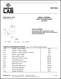 BCY39A datasheet: 60V Vce, 0.25A Ic, 7MHz PNP bipolar transistor BCY39A