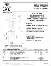 BDS12SMD datasheet: 100V Vce, 15A Ic, 3MHz NPN bipolar transistor BDS12SMD