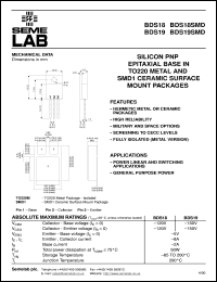 BDS19SMD datasheet: 150V Vce, 15A Ic, 30MHz PNP bipolar transistor BDS19SMD