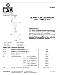 BFY84 datasheet: 12V Vce, 0.2A Ic, 600MHz NPN bipolar transistor BFY84