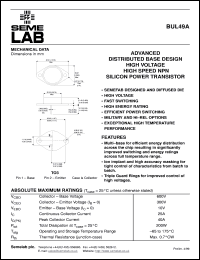 BUL49A datasheet: 300V Vce, 20A Ic, 20MHz NPN bipolar transistor BUL49A