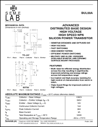 BUL50A datasheet: 500V Vce, 15A Ic, 20MHz NPN bipolar transistor BUL50A