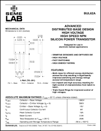 BUL62A datasheet: 500V Vce, 6A Ic, 20MHz NPN bipolar transistor BUL62A