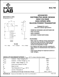 BUL74B datasheet: 400V Vce, 15A Ic, 16Hz NPN bipolar transistor BUL74B