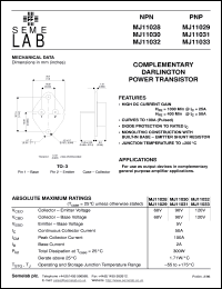 MJ11029 datasheet: 60V Vce, 50A Ic PNP bipolar transistor MJ11029