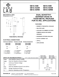 SB16-45M datasheet: 45V, 16A Dual Schottky common cathode Rectifier diode SB16-45M