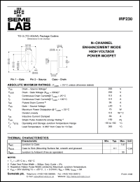 IRF230 datasheet: 200V Vdss N-Channel FET (field effect transistor) IRF230