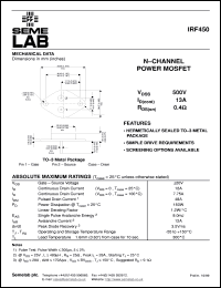 IRF450 datasheet: 500V Vdss N-Channel FET (field effect transistor) IRF450