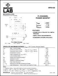 IRF9130 datasheet: 100V Vdss P-Channel FET (field effect transistor) IRF9130
