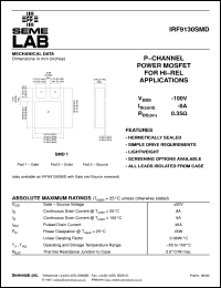 IRF9130SMD datasheet: 100V Vdss P-Channel FET (field effect transistor) IRF9130SMD