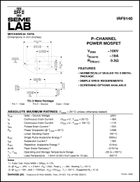 IRF9140 datasheet: 100V Vdss P-Channel FET (field effect transistor) IRF9140