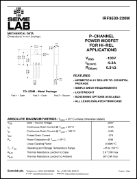 IRF9530-220M datasheet: 100V Vdss P-Channel FET (field effect transistor) IRF9530-220M